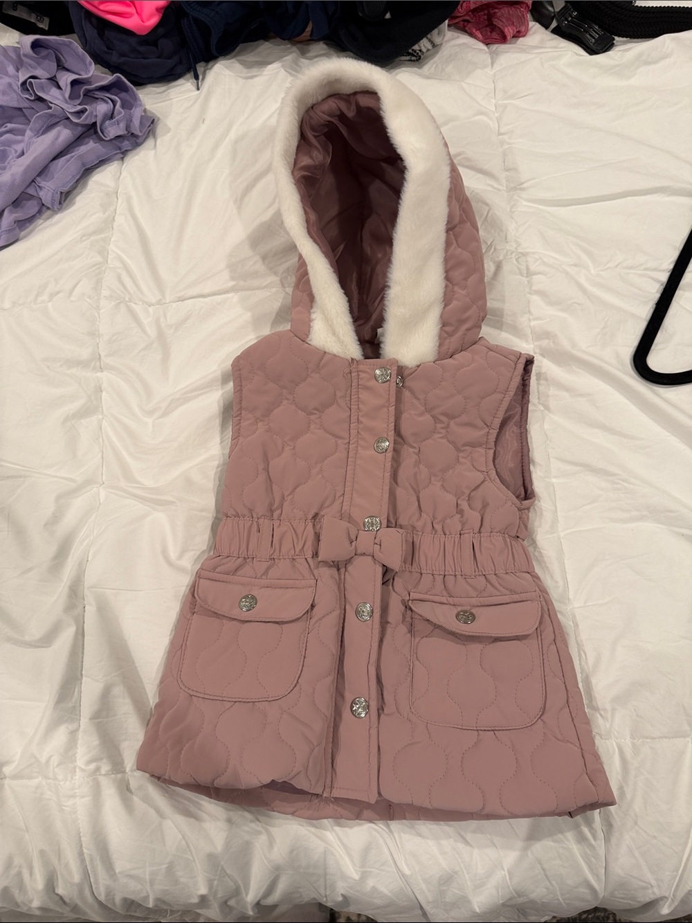 Nicole Miller Dusty Pink Quilted Hooded Vest with Faux Fur Trim